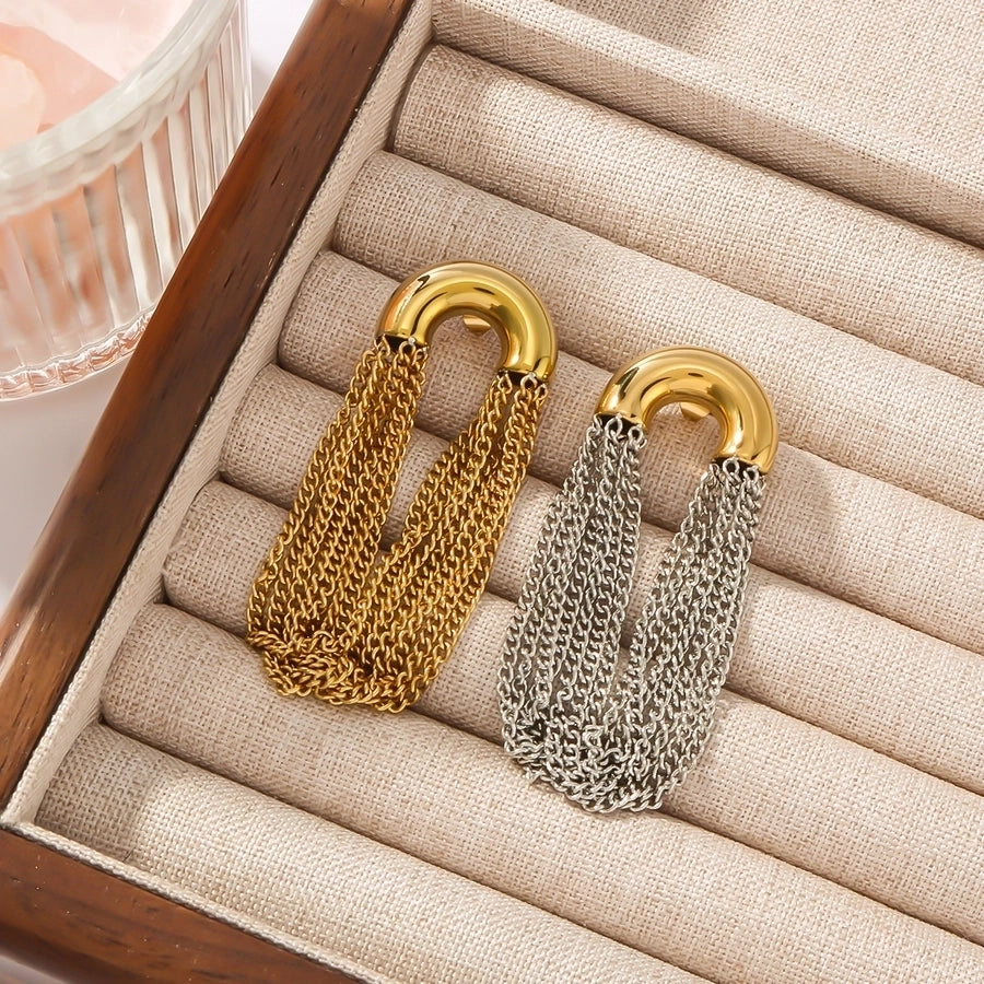 18K Gold Plated 304 Stainless Steel Semicircle, Tassel, Lines Drop Earrings