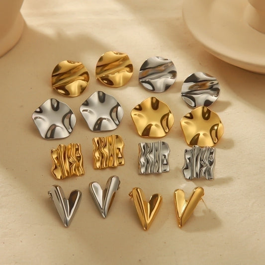 18K Gold Plated 304 Stainless Steel Quadrilateral Circle Heart Shape Ear Studs