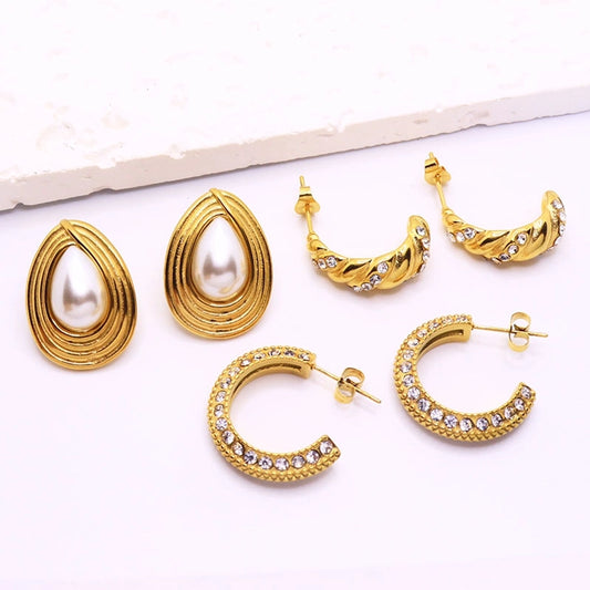 C Shape Water Droplets 18K Gold Plated 304 Ear Studs