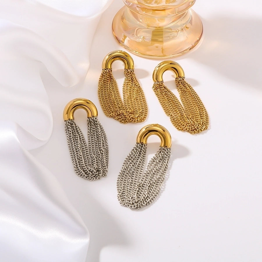 18K Gold Plated 304 Stainless Steel Semicircle, Tassel, Lines Drop Earrings